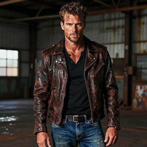 Photograph of a rugged, bearded man with messy brown hair wearing a black leather jacket, black shirt, and blue jeans, standing confidently in a