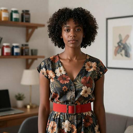 African-American Woman in Floral Dress Indoors