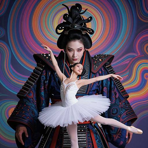 Photograph of an Asian woman in ornate traditional armor holding a ballet dancer in a white tutu against a vibrant, psychedelic swirl background.