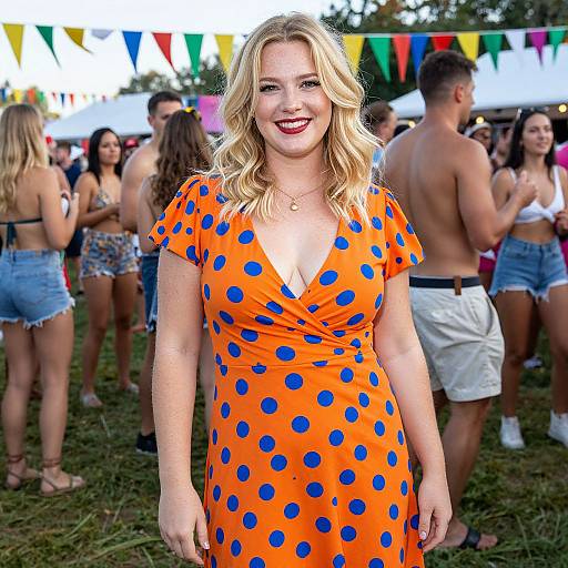 Photograph of a smiling, pregnant blonde woman in an orange polka dot dress, standing at a colorful outdoor festival with people in summer clothes and b