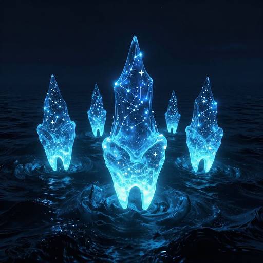 Photograph of glowing, blue, crystalline formations rising from dark water, illuminated with star-like lights, creating a magical underwater scene.
