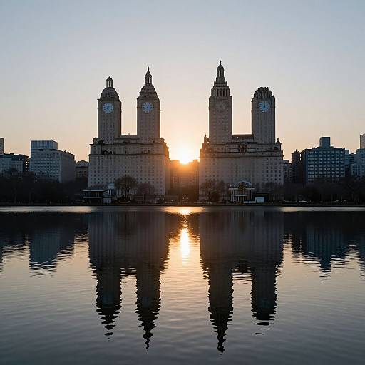 Photograph of a sunsetting skyline featuring four clock-towered buildings reflected in a calm water surface, with silhouetted urban buildings in the background