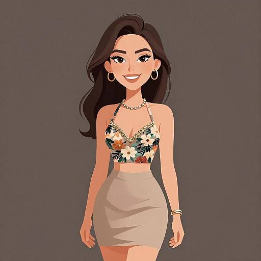 Digital illustration of a smiling woman with long dark hair, wearing a floral crop top and beige skirt, against a gray background.
