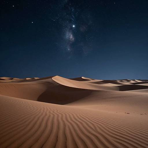 Photograph of a starry night sky over rippled, golden desert sand dunes with the Milky Way visible in the dark blue sky.