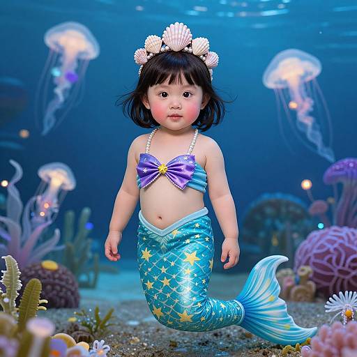 Photorealistic digital art of an Asian mermaid baby with black hair, purple bow, blue scales, and starfish tail, surrounded by jellyfish