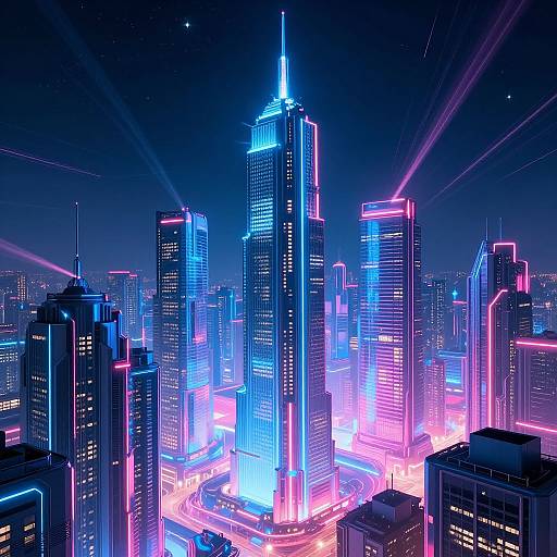Neon-lit, futuristic cityscape at night with towering skyscrapers illuminated in blue, pink, and purple neon lights, surrounded by glowing traffic