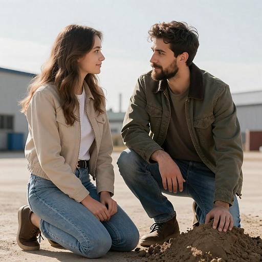 Couple Kneeling at Urban Construction Site
