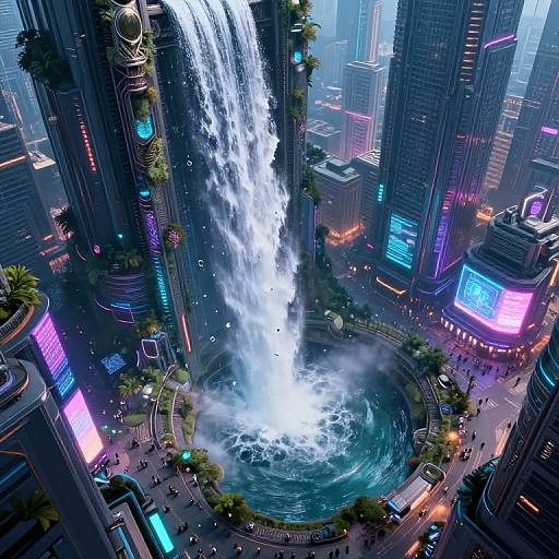 Cyberpunk Waterfall Above Neon Metropolis