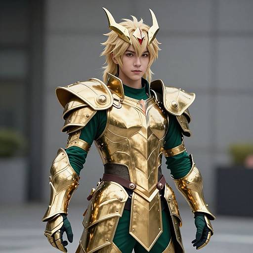 Photograph-style CGI of a blonde woman in golden, horned medieval armor with green undergarments, standing confidently in an urban background.