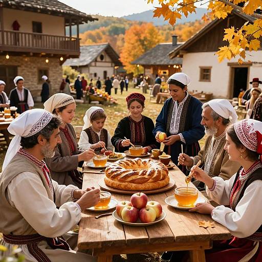 Photograph of a rustic autumn outdoor gathering with seven people in traditional Eastern European folk attire, eating apple cider and pastries around a wooden table, surrounded