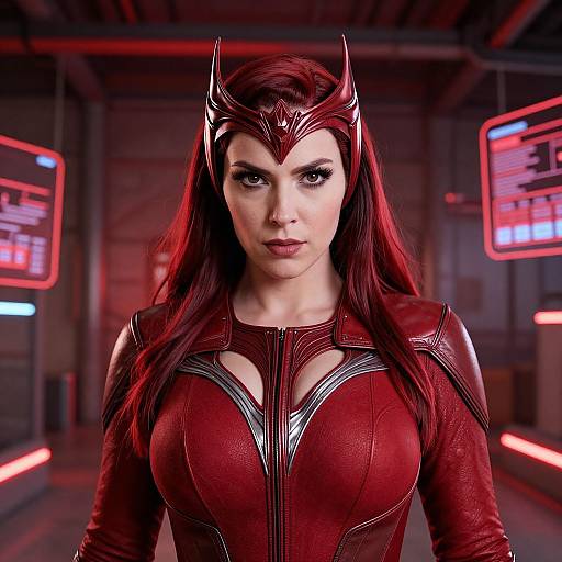 CGI image of a red-haired woman in a red, armored superhero costume with horned helmet, set in a futuristic, neon-lit room.