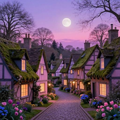 Photograph of a whimsical, twilight village with Tudor-style houses, moss-covered roofs, glowing windows, flower-filled gardens, and a full moon