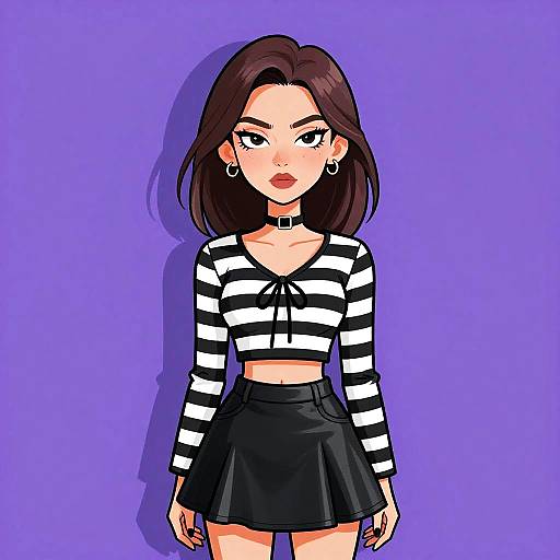 Edgy Woman in Striped Crop Top and Leather Skirt