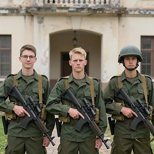Soldiers Posing Before Worn Building