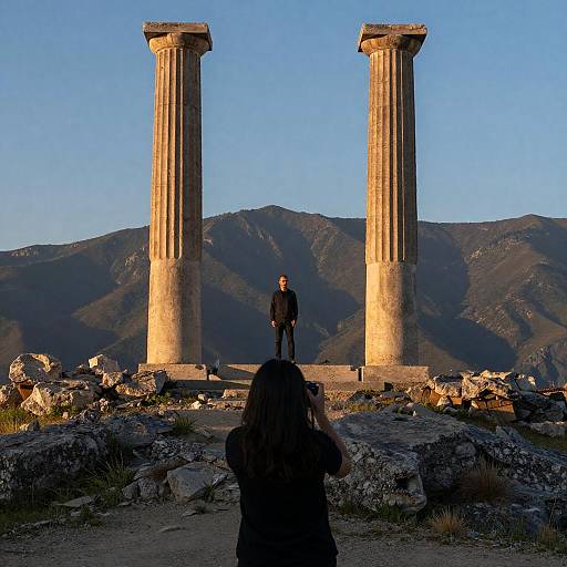 Ancient Stone Columns with Photographer and Model at Sunset