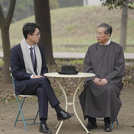 Two Men in Conversation at Outdoor Table