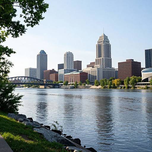 Photograph of a cityscape with tall buildings, a river, and a bridge, viewed from a grassy riverside, framed by trees.