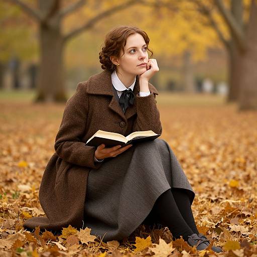 Photograph of a contemplative brown-haired woman in Victorian-style brown coat and gray skirt, sitting on autumn leaves, reading a book in a park.