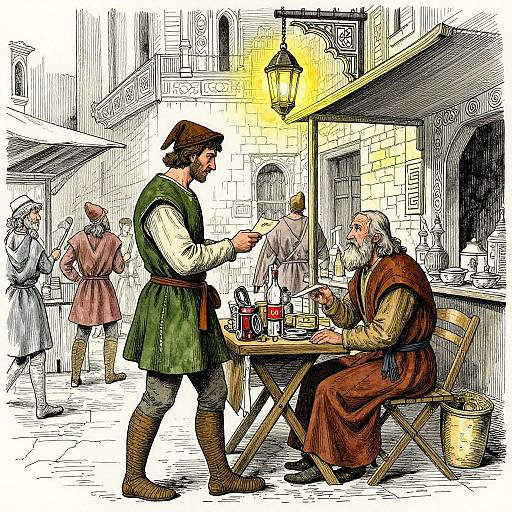 Medieval Marketplace Ink and Watercolor