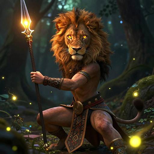 Digital illustration of a muscular anthropomorphic lion warrior with glowing yellow eyes, holding a flaming spear in a dark forest, surrounded by glowing fireflies.