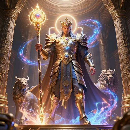 Epic fantasy artwork: Powerful armored king with glowing halo, crowned, holding fiery staff, surrounded by blue flames, standing in ornate temple with lion