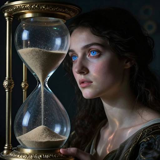 Photorealistic digital artwork of a fair-skinned woman with blue eyes and wavy dark hair, holding an ornate hourglass with sand, against