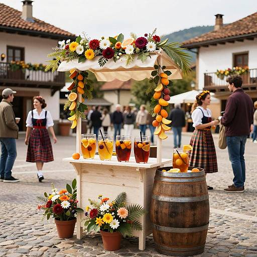 Photograph of a cobblestone village market stall with orange and flower decorations, serving drinks in glasses, next to a wooden barrel. People in traditional