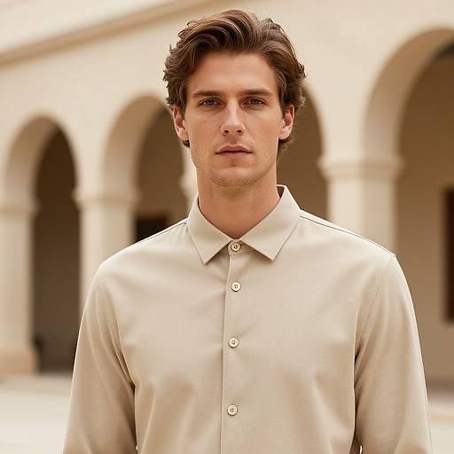 Man in Beige Shirt by Arched Building