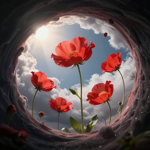 Photograph of vibrant red poppies with green leaves, seen through a dark, textured circular tunnel, against a bright, sunlit blue sky with fluffy