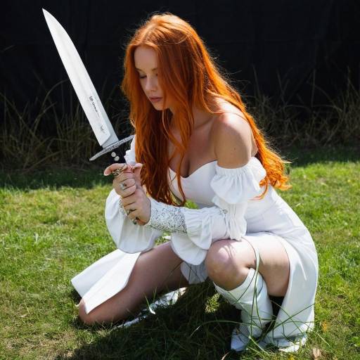 Red-haired woman in white dress with sword