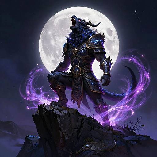 Digital artwork of a silhouetted, horned, armored werewolf standing on a rocky cliff, glowing purple energy swirling around, against a bright