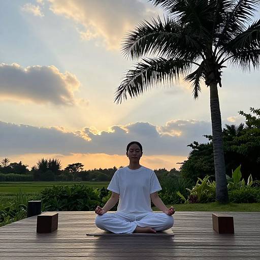 Photograph of a woman in white yoga attire, meditating cross-legged on a wooden deck at sunset, with a palm tree and cloudy sky in the