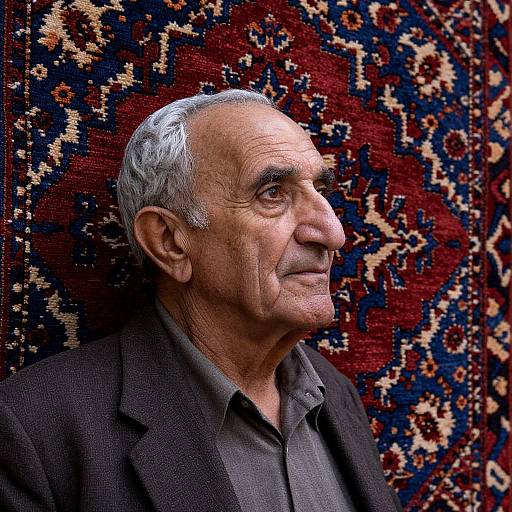 Photograph of elderly man with gray hair, deep wrinkles, wearing black blazer and shirt, standing against richly patterned red and blue carpet.