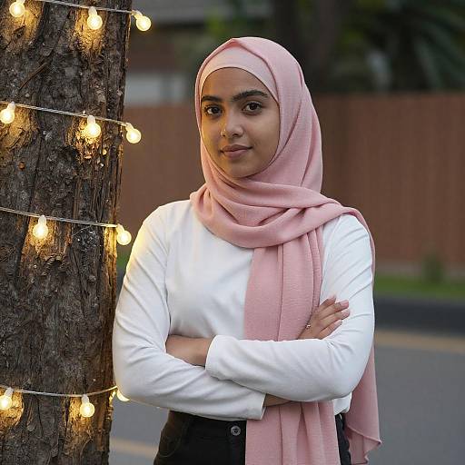 Woman in Pink Hijab by Tree Lights