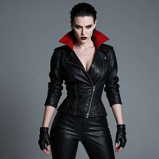 Photograph of a pale-skinned woman with dark hair in a slicked-back style, wearing a black leather jacket with a red collar, black pants