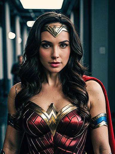 Photograph of Gal Gadot as Wonder Woman, with long dark hair, red and gold armor, tiara, blue arm band, and red cape