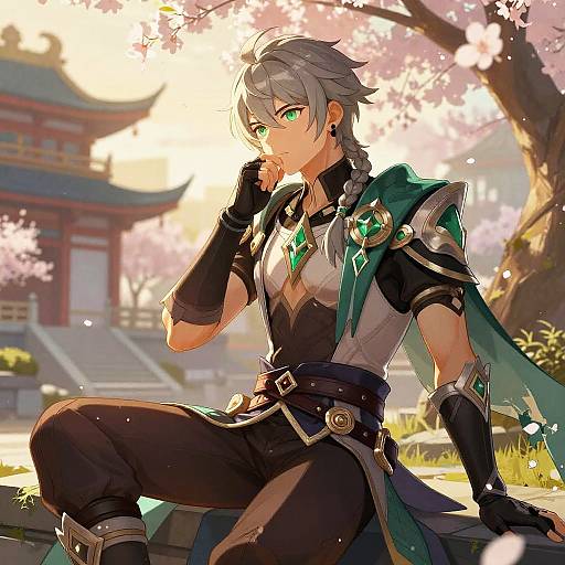 Aether from Genshin Impact in Tranquil Temple Courtyard