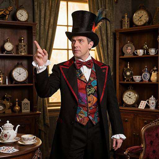 Photograph of a man in a Victorian-style black top hat with a colorful brocade vest, red bowtie, and feather, pointing in a dim