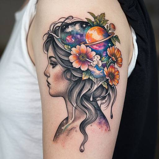 Vivid tattoo of a profile female head with flowing black hair, adorned with colorful flowers, stars, and a sun on her upper arm.