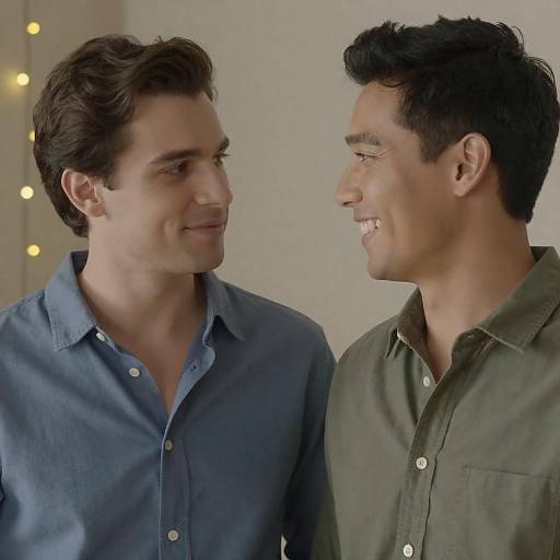 Charming Men Smiling Under String Lights