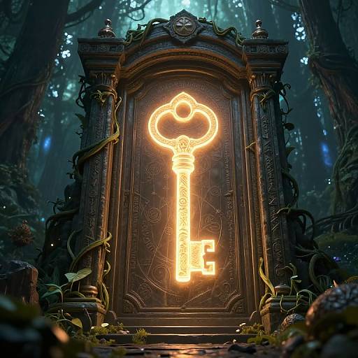 Digital art: Glowing, ornate keyhole on dark, intricately carved stone pedestal in enchanted forest, surrounded by vines and moss.
