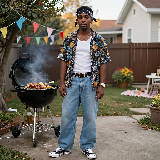 Photograph of a Black man in a black bandana, colorful floral shirt, white tank top, blue jeans, and black sneakers, standing by a