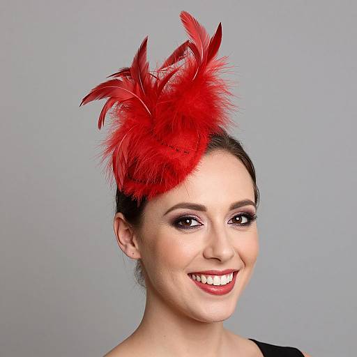 Photograph of a smiling woman with fair skin, dark hair in an updo, wearing a vibrant red feathered headband, and black top,
