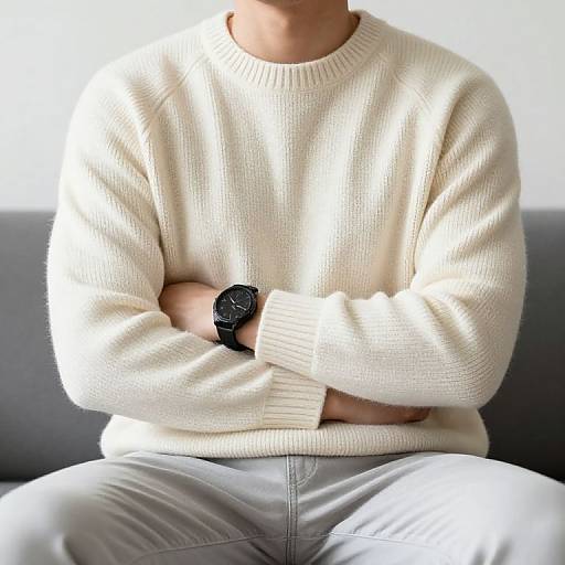 Photograph of a person wearing a cream knitted sweater, white pants, and a black wristwatch, sitting with arms crossed on a gray couch.