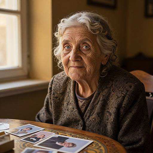 Photograph of an elderly woman with white curly hair, wearing a textured brown cardigan, sitting at a wooden table with family photos. Warm sunlight streams