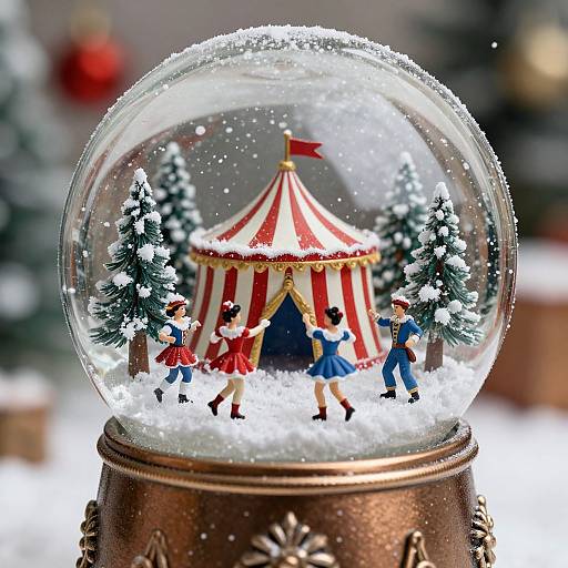 Photograph of a snow globe featuring miniature figures in red, blue, and white dresses, standing around a red-and-white striped circus tent, with snow