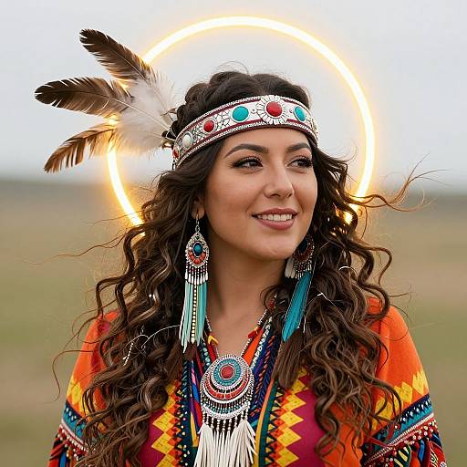 Photograph of a smiling woman with long curly brown hair, wearing a colorful Native American-style headband with feathers, vibrant orange-red dress, and intricate