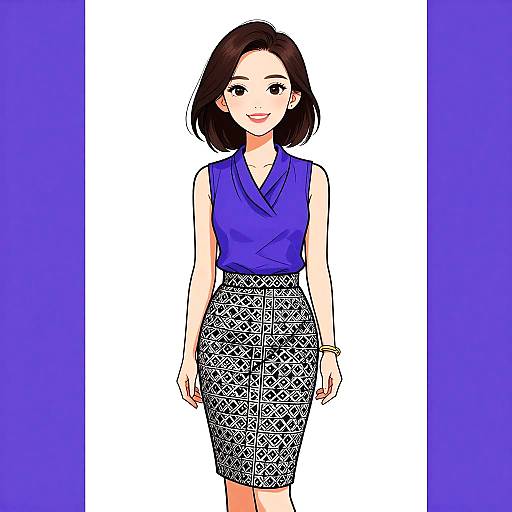Digital anime-style drawing of a smiling Asian woman with short black hair, wearing a purple sleeveless top and black patterned skirt.