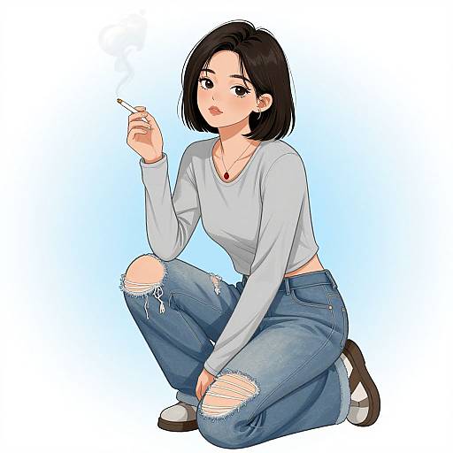 Digital anime-style drawing of a young woman with short black hair, wearing a white long-sleeve shirt, ripped blue jeans, and brown shoes,