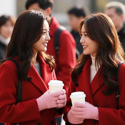 Joyful Women in Red Coats Smiling
